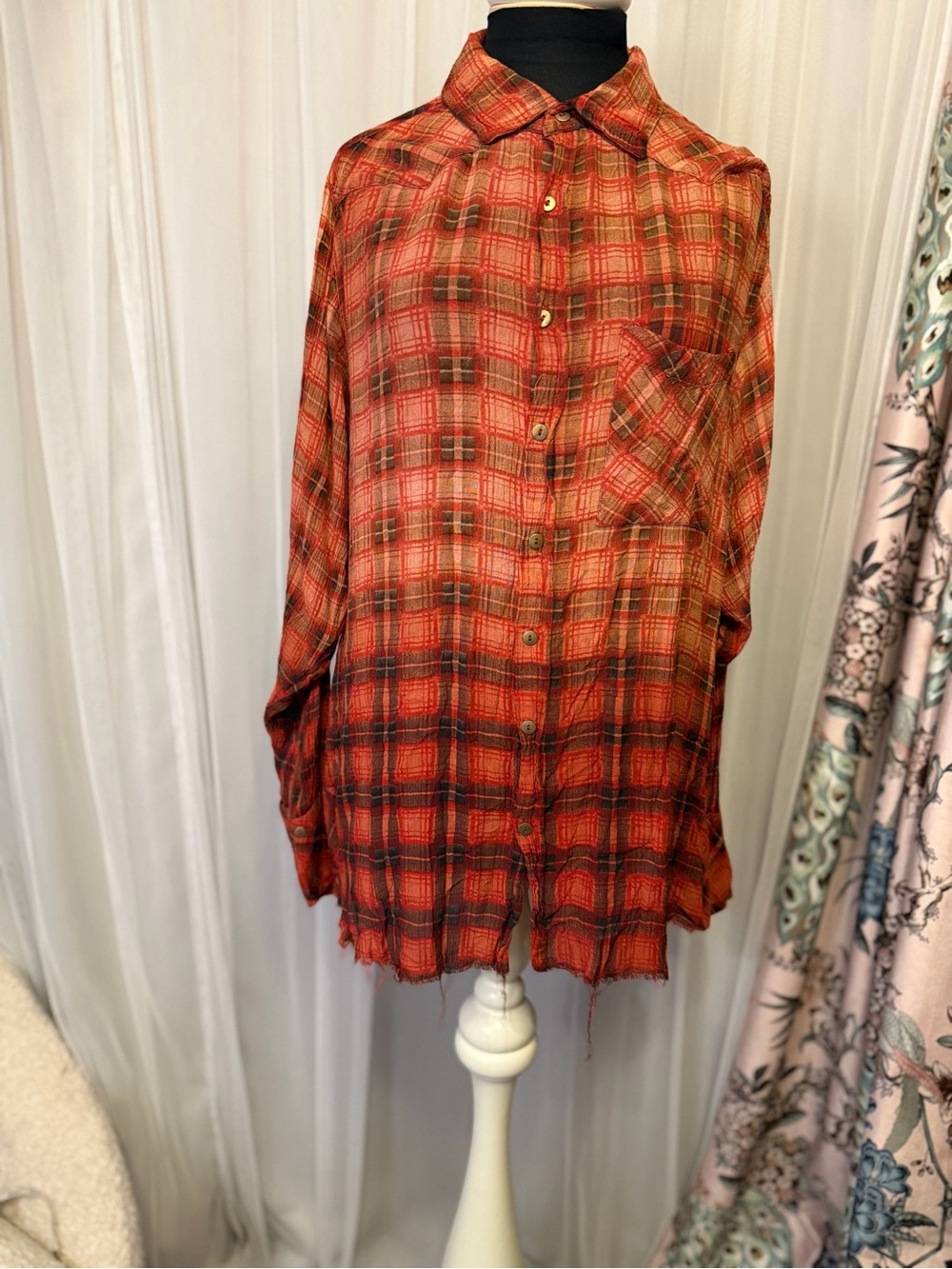 Free People FP One Plaid Button Down Shirt Oversized Raw Hem Rust Brown